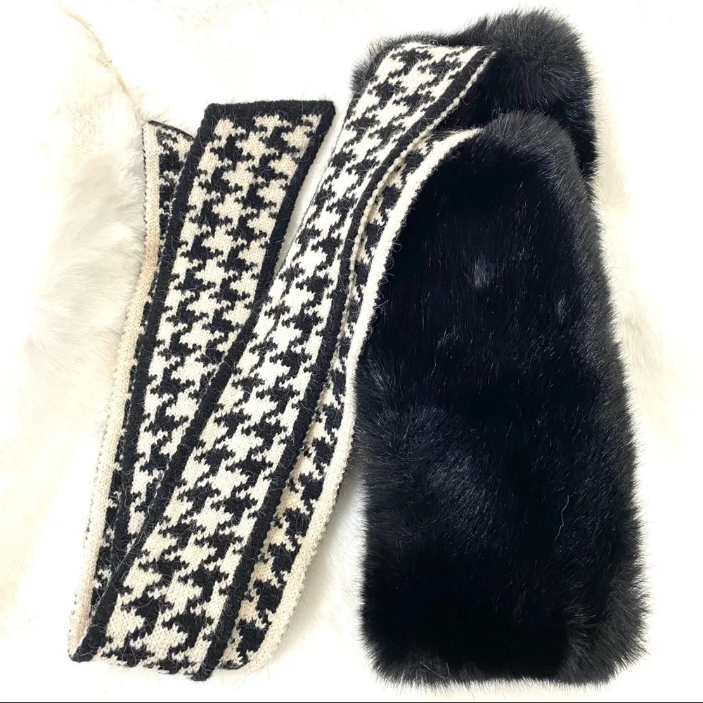 Faux Fur Neck Scarf Houndstooth Foulard Black White Tie